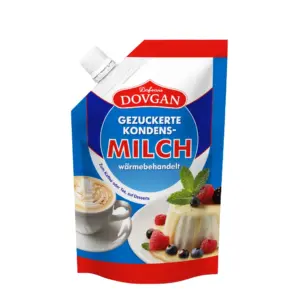 DOVGAN: Leche condensada azucarada en envase doypack, 8% de grasa