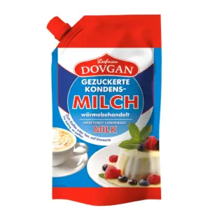 DOVGAN: Leche condensada azucarada en envase Doypack, 8% de grasa